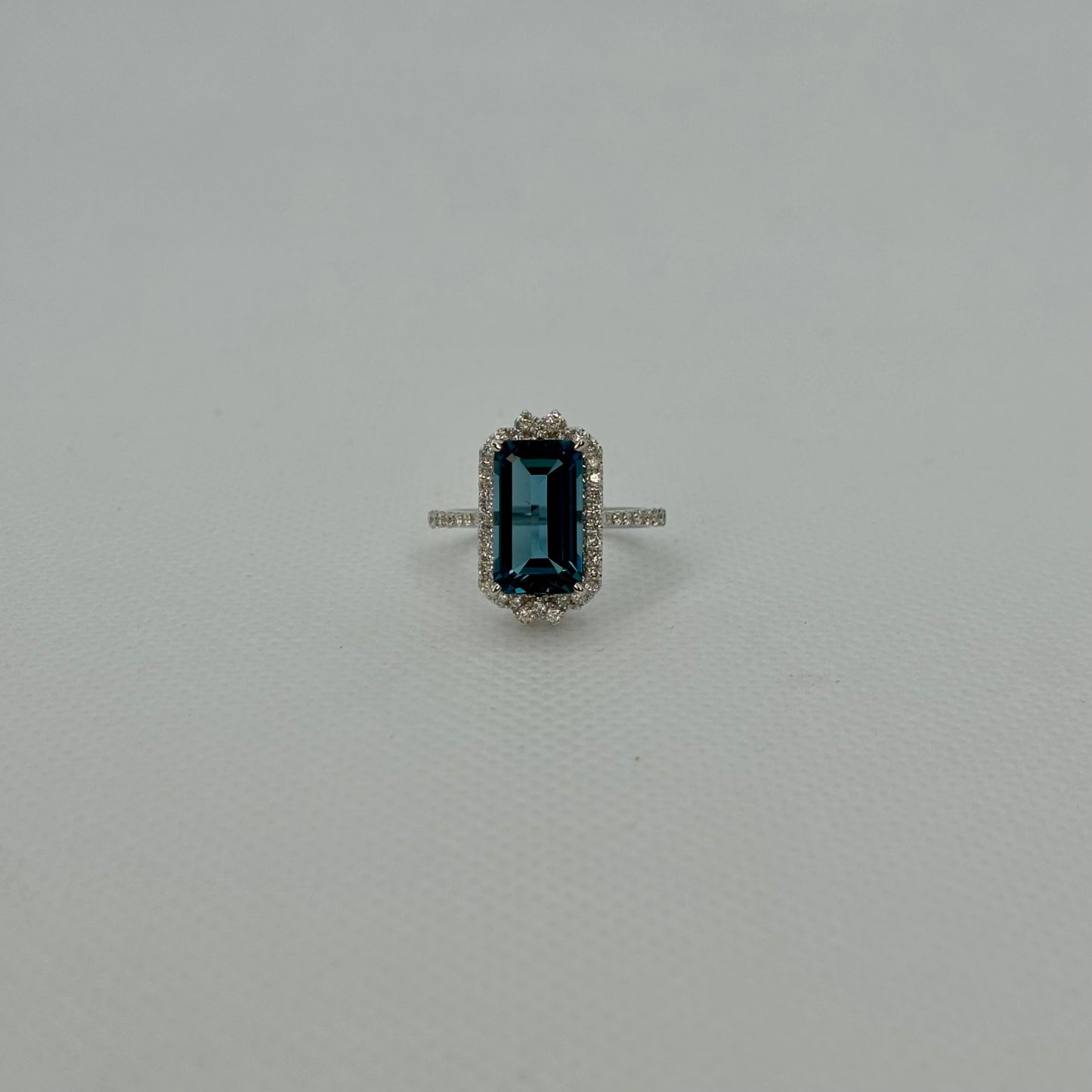 Emerald Cut London Blue Topaz with Diamond Halo