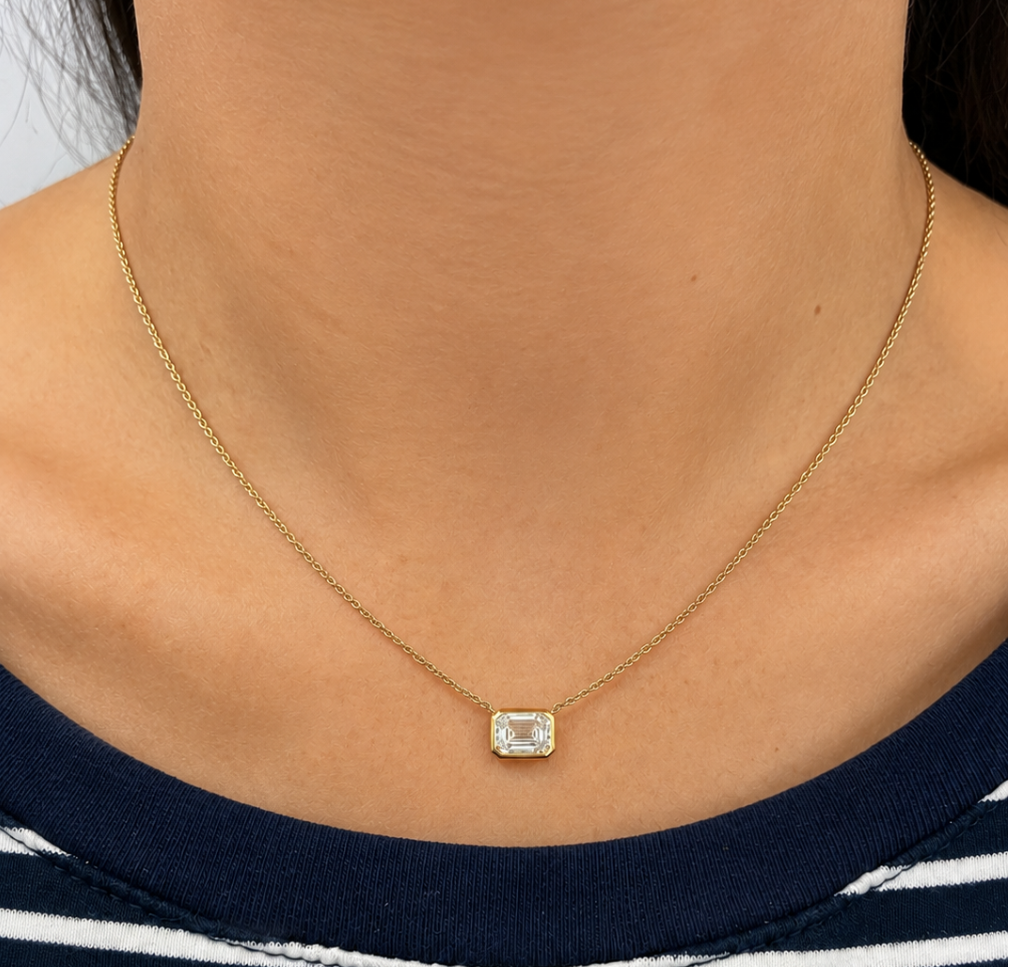 Emerald Cut Lab Diamond Bezel Necklace Yellow Gold