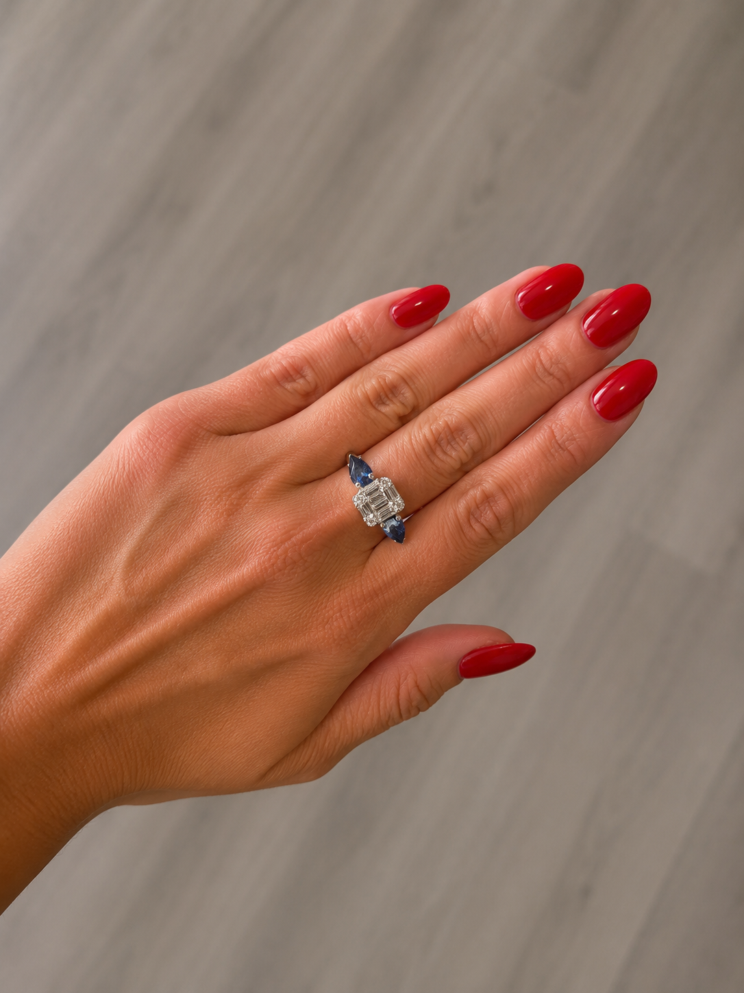 Emerald Cut Diamond & Pear Sapphire Three-Stone Ring
