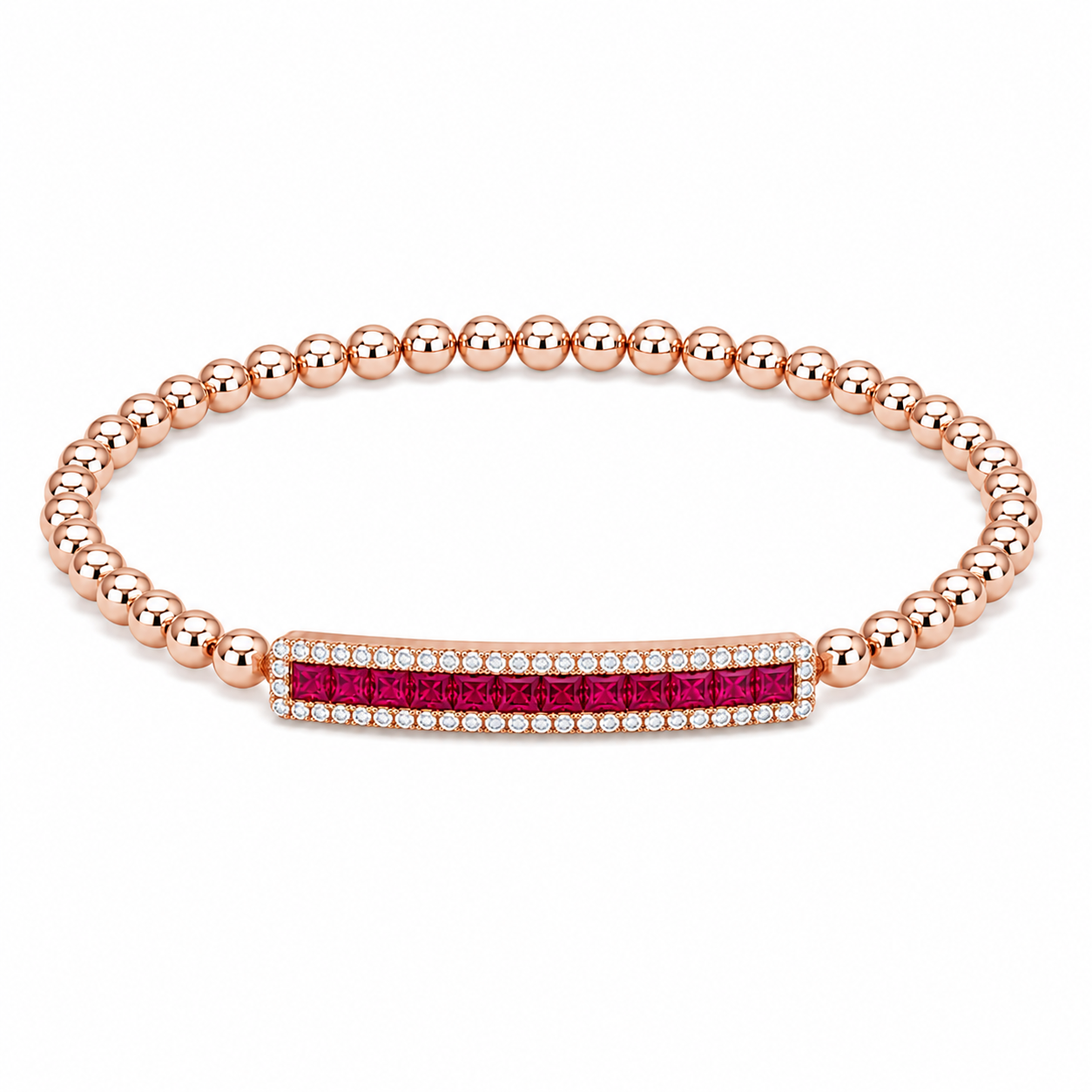 Rose Gold Ruby & Diamond Bar Beaded Bracelet