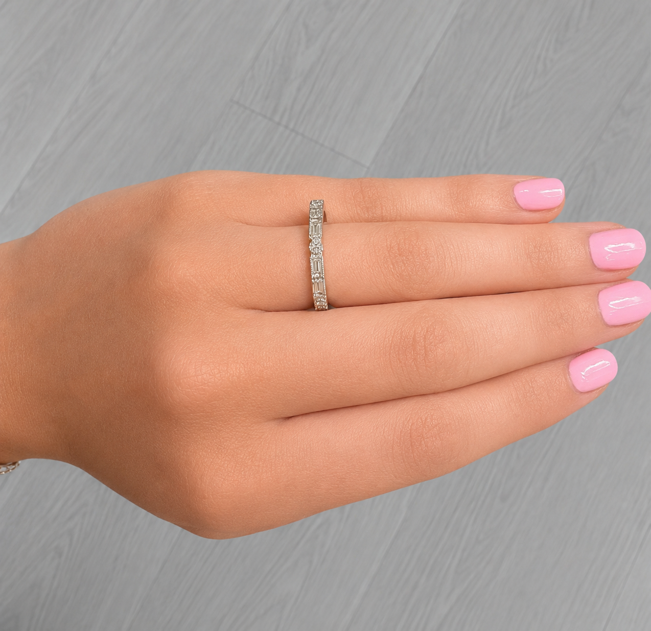Emerald and Round Diamond Cut Diamond Band