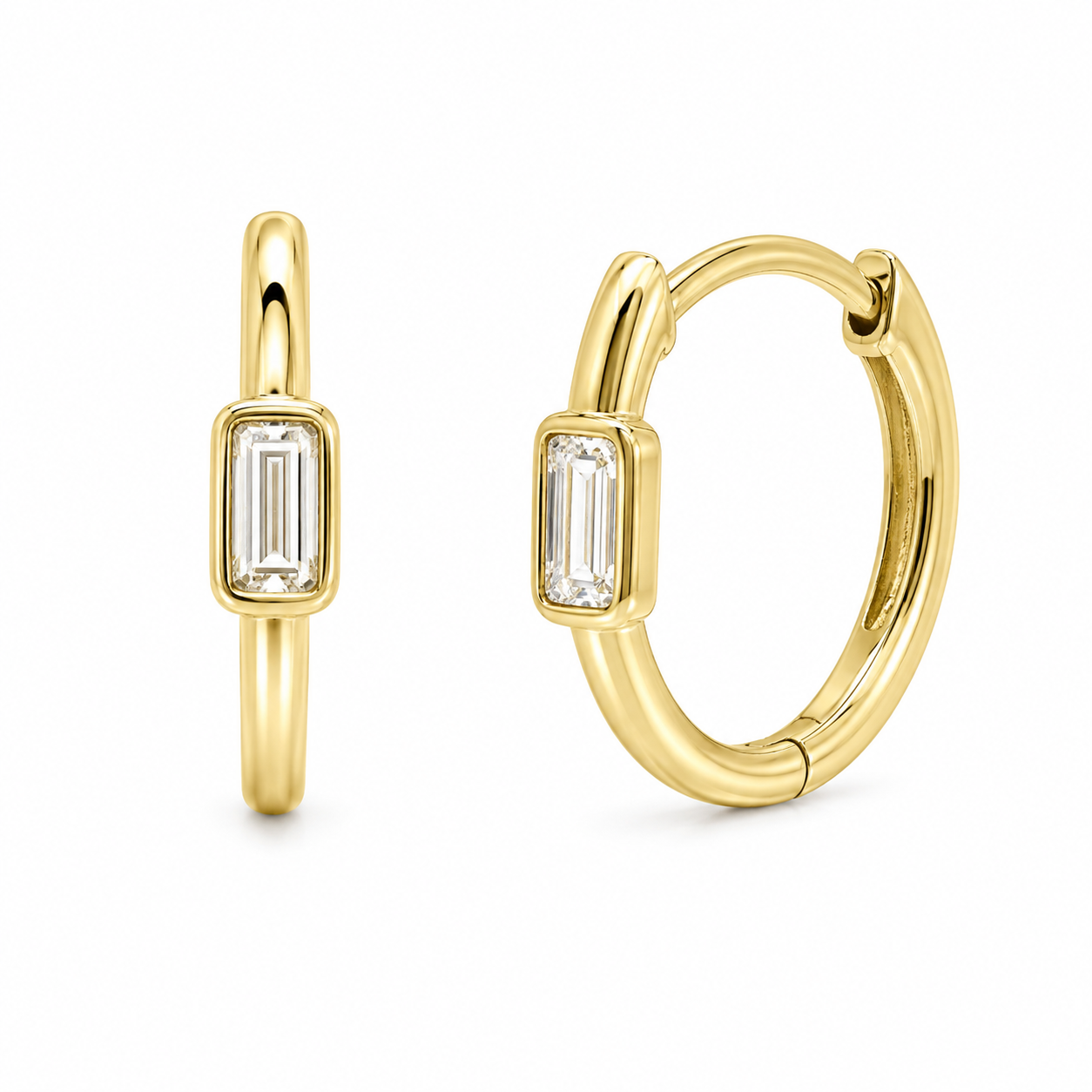 Bezel Emerald-Cut Diamond Huggies