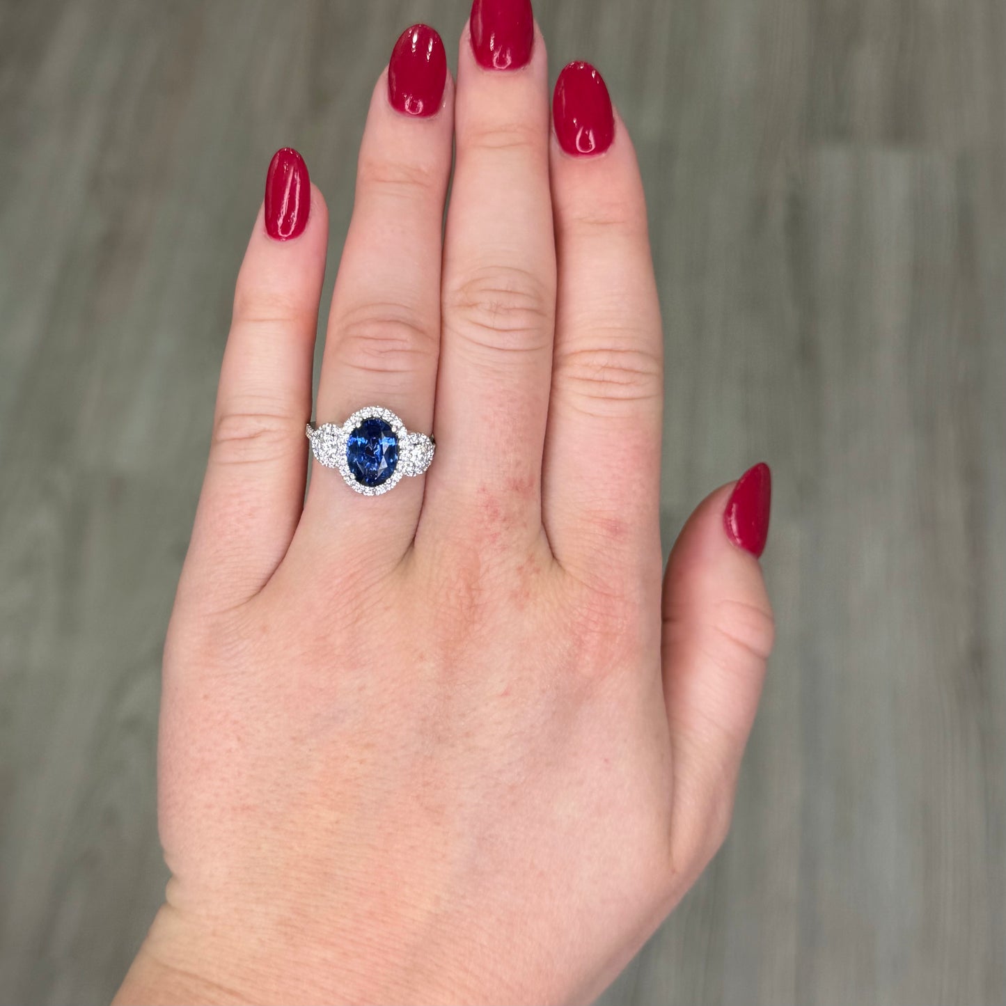 3 Stone Sapphire Oval and Diamond Ring