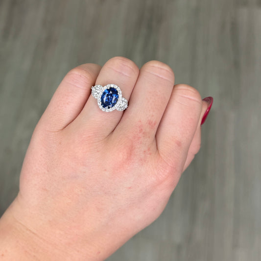 3 Stone Sapphire Oval and Diamond Ring