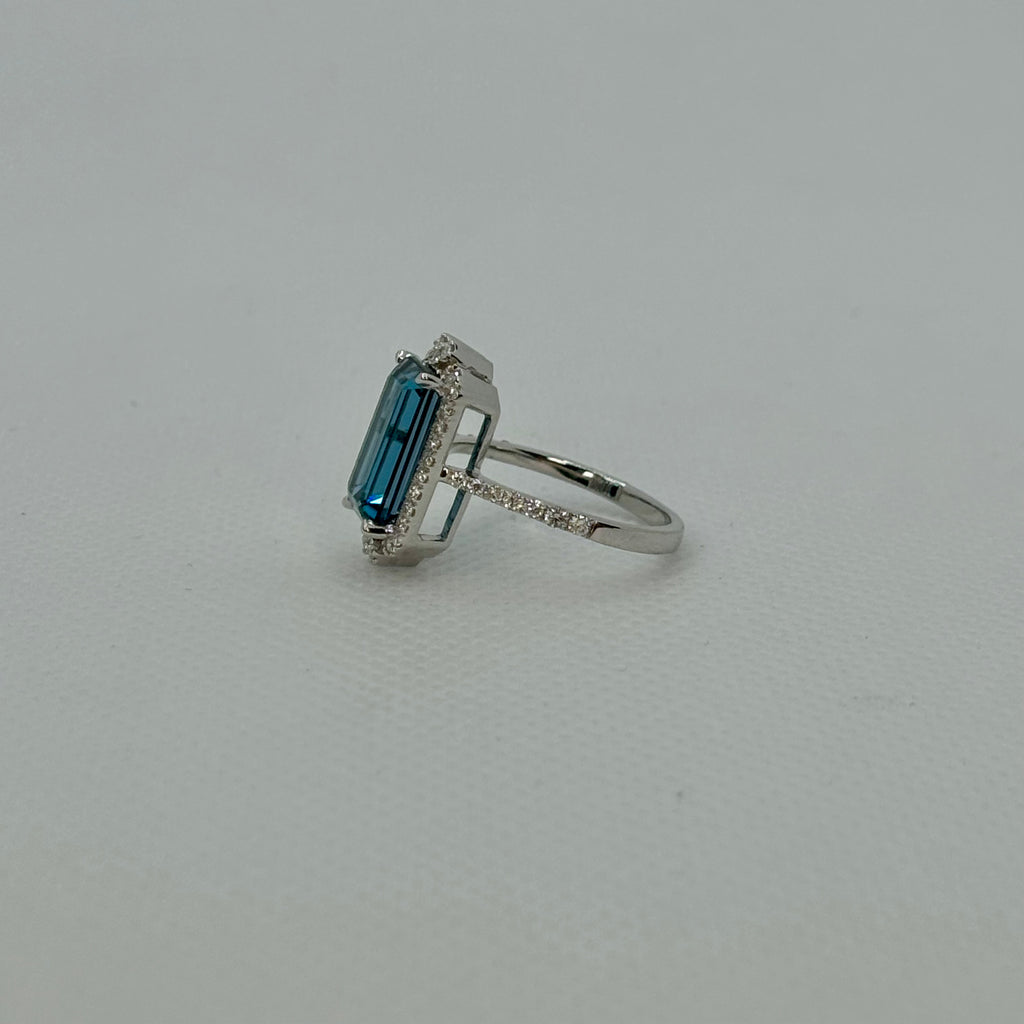 Emerald Cut London Blue Topaz with Diamond Halo