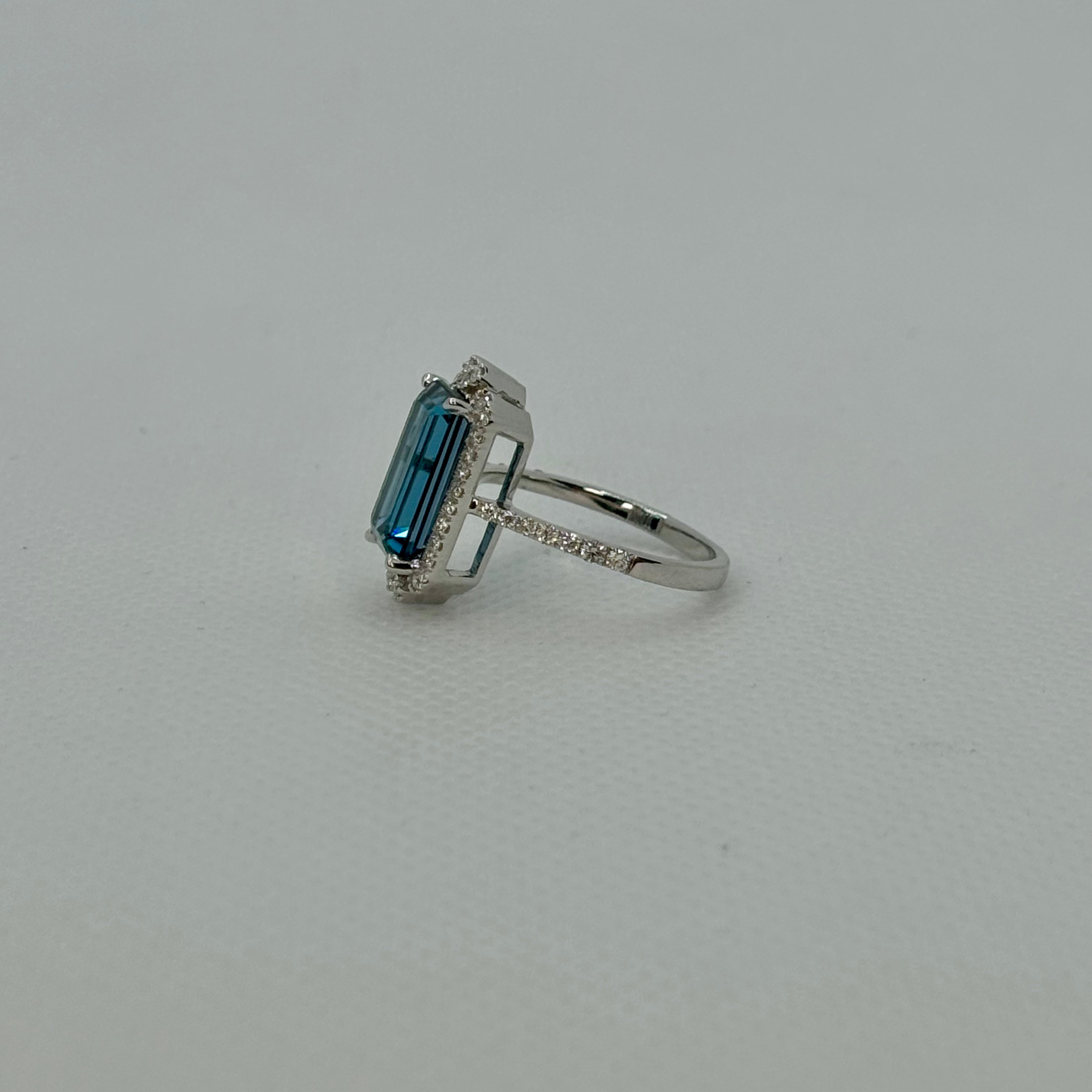 Emerald Cut London Blue Topaz with Diamond Halo