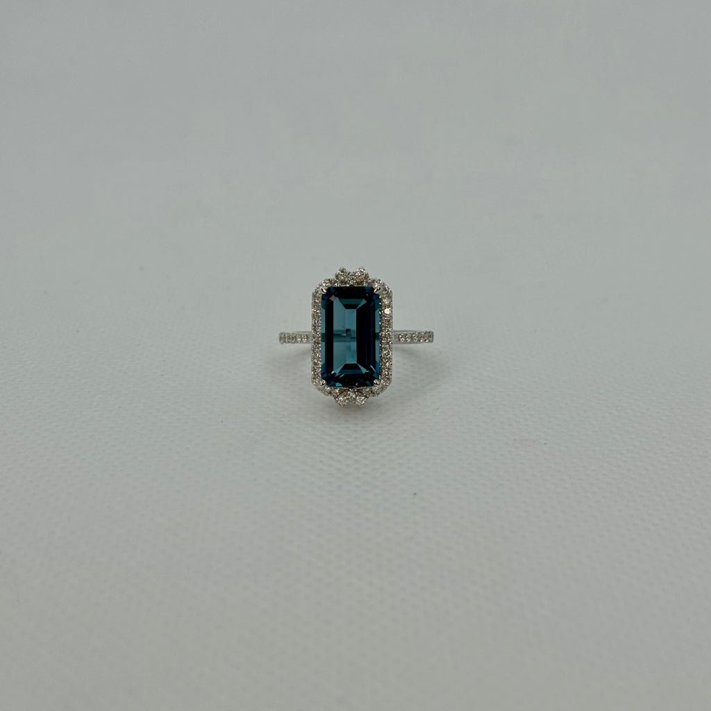 Emerald Cut London Blue Topaz with Diamond Halo