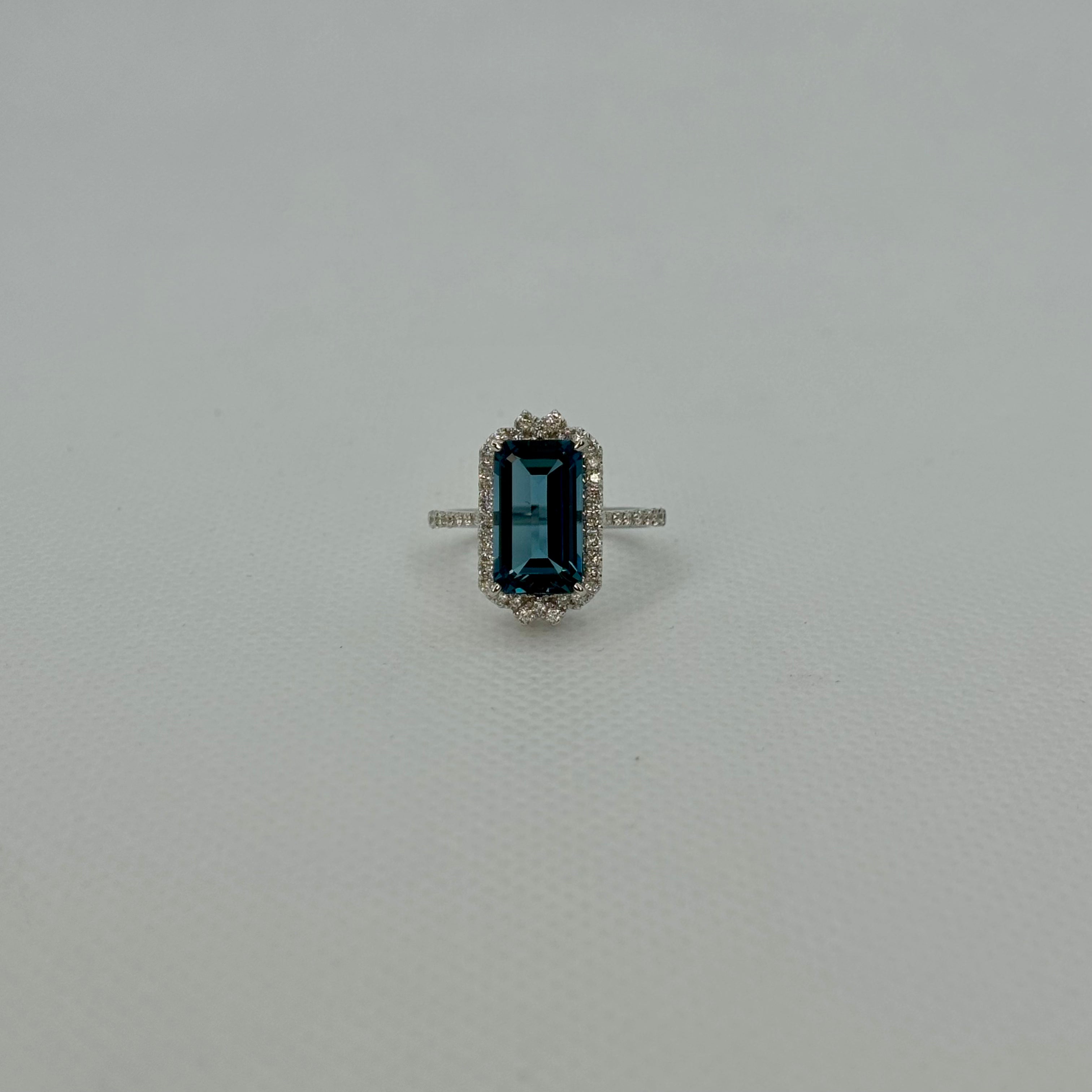 Emerald Cut London Blue Topaz with Diamond Halo
