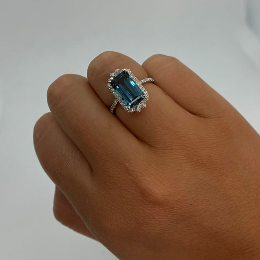 Emerald Cut London Blue Topaz with Diamond Halo