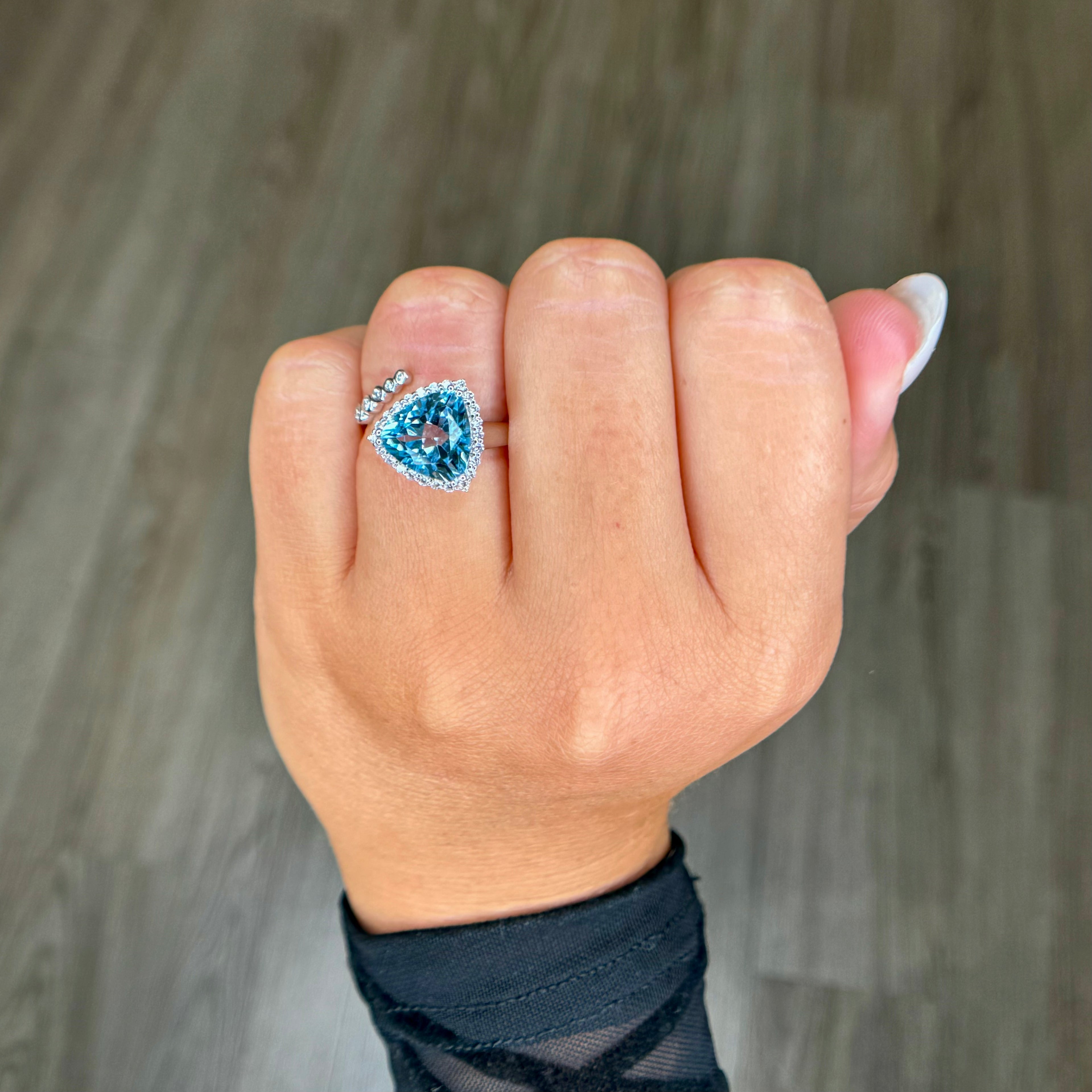 Trillion Cut Sky Blue Topaz and Diamond Cuff Ring