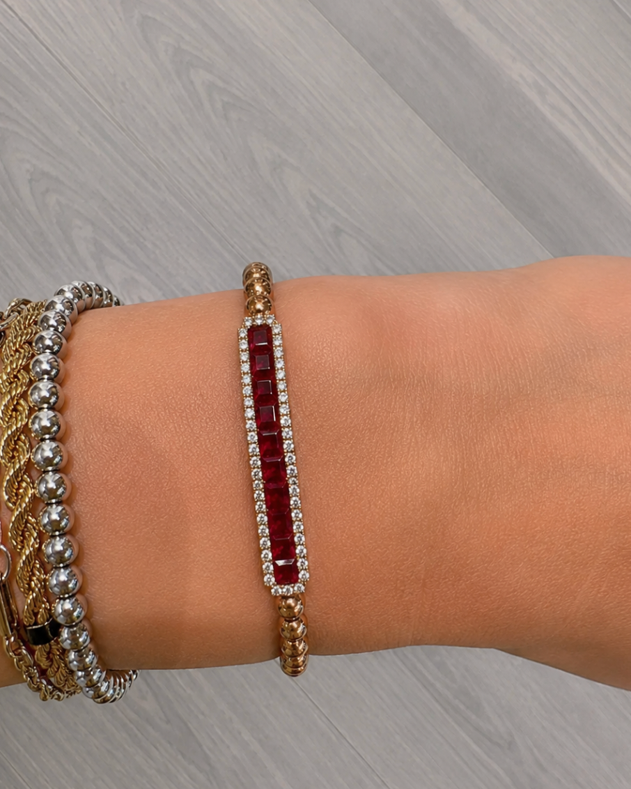 Rose Gold Ruby & Diamond Bar Beaded Bracelet