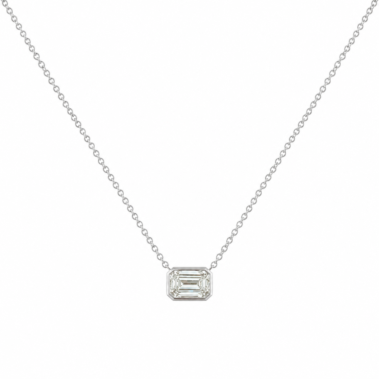 Emerald Cut Lab Diamond Bezel Necklace White Gold