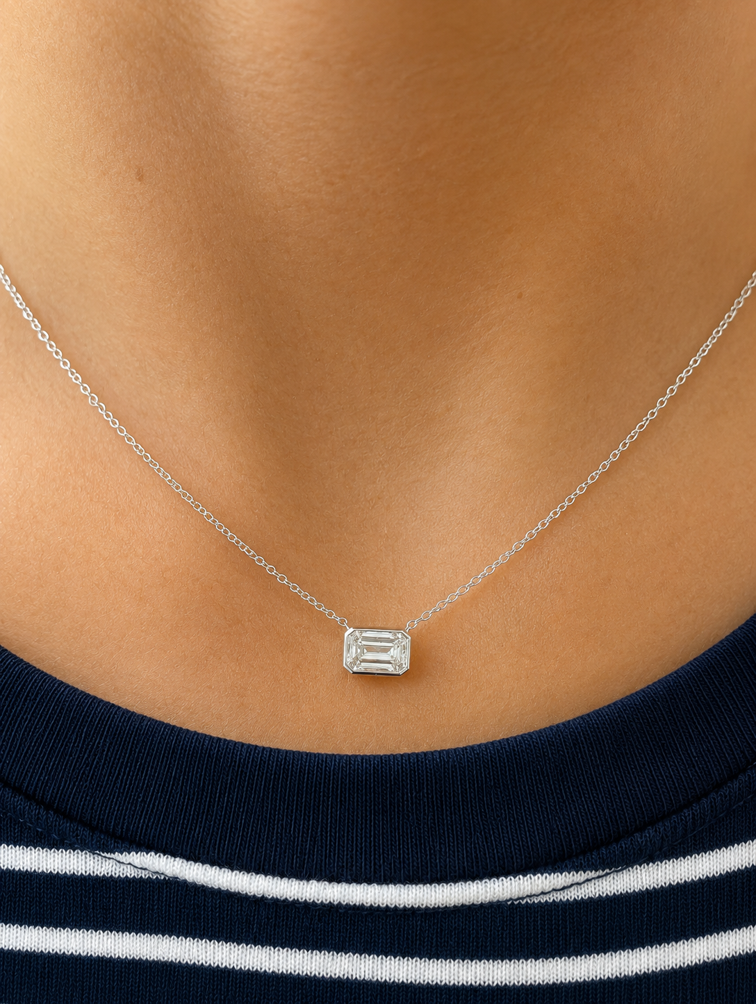 Emerald Cut Lab Diamond Bezel Necklace White Gold